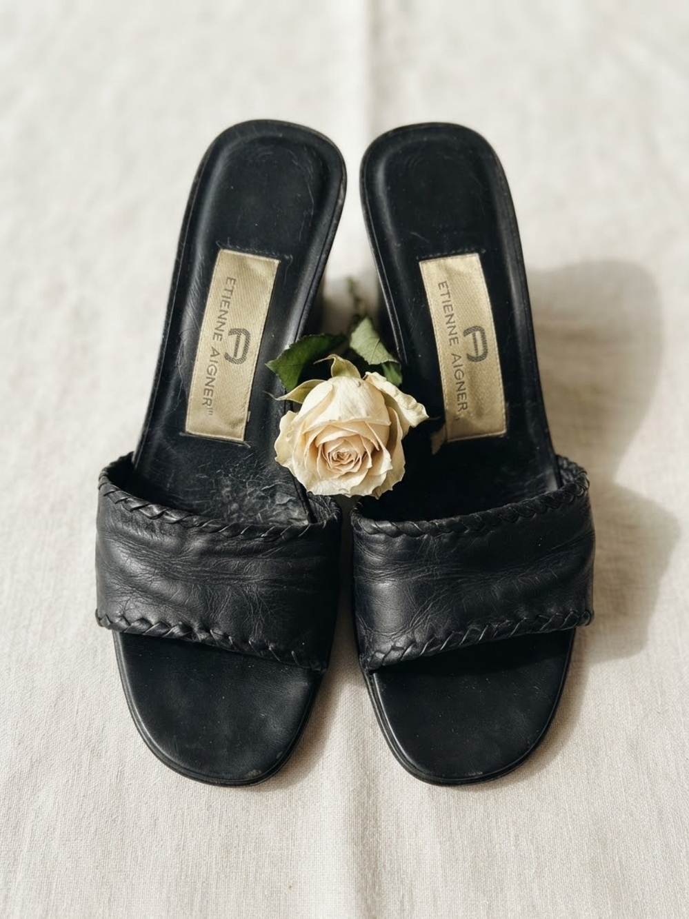 Vintage Etienne Aigner Black Leather Wedge Slide Sandals Size 7- 7.5
